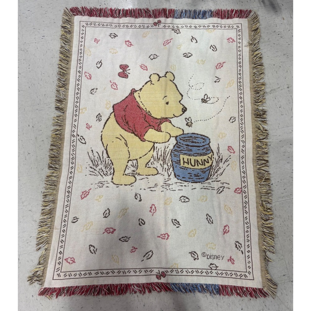 Vintage Disney Winnie the Pooh Hunny Pot Woven Tapestry Throw Baby Blanket Cozy